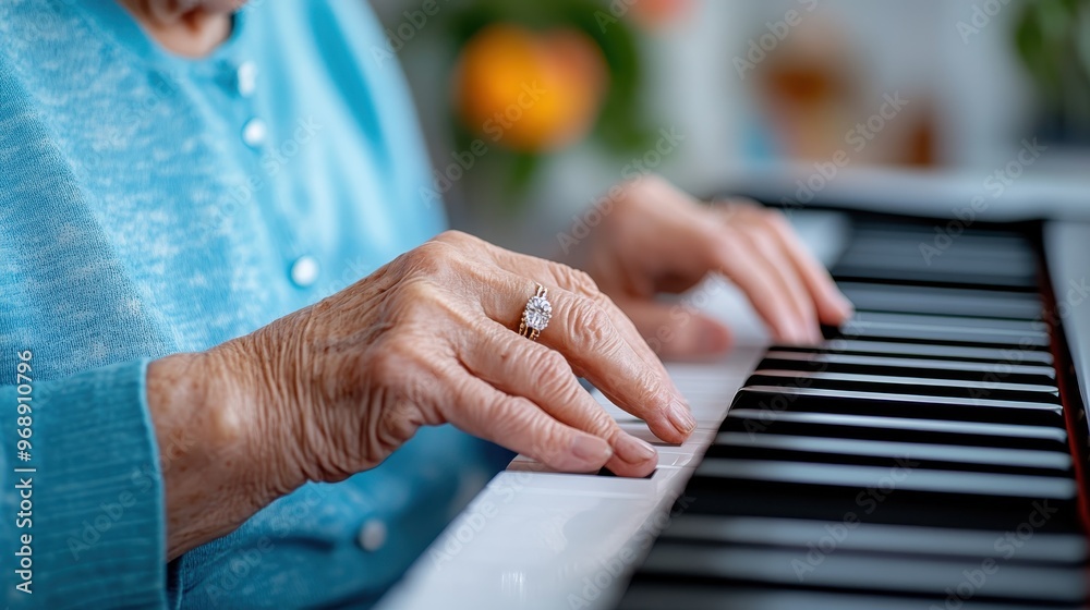 Fototapeta premium The hands of an old lady playing the piano inside a well-lit and cozy room, demonstrating her dedication and connection to music through a peaceful and heartfelt moment.