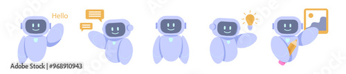 Set of Ai Сhatbot. Cute Smart Robotics in Various Pose Isolated. Vector Illustration.