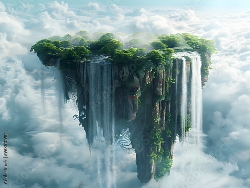 Serene Floating Island Cascading Waterfalls in Minimalist Surreal Fantasy Landscape