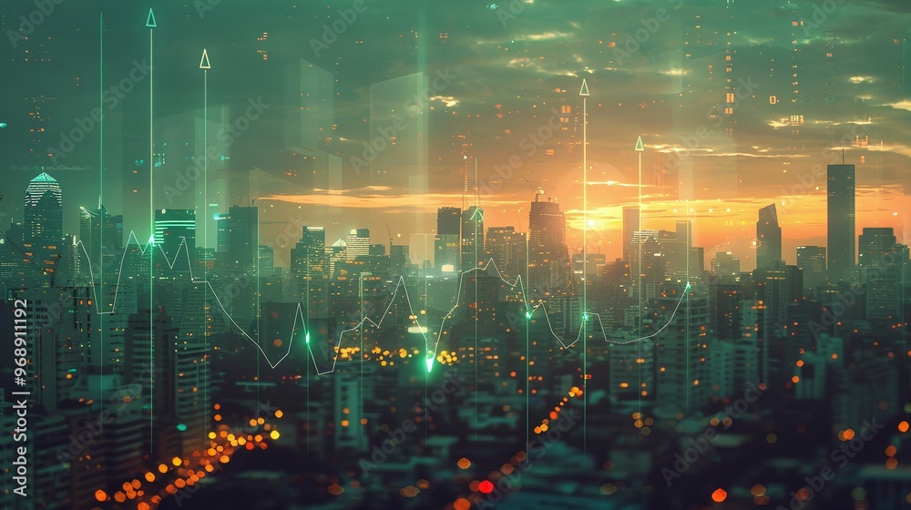 Fototapeta premium Vibrant city skyline at sunset, showcasing modern architecture and digital elements with a futuristic ambiance.