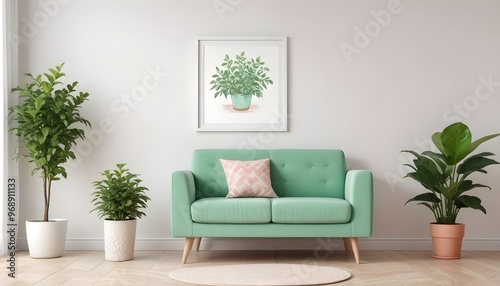 Photo modern style interior room 3d illustration Interior frame living room with colorful white sofa