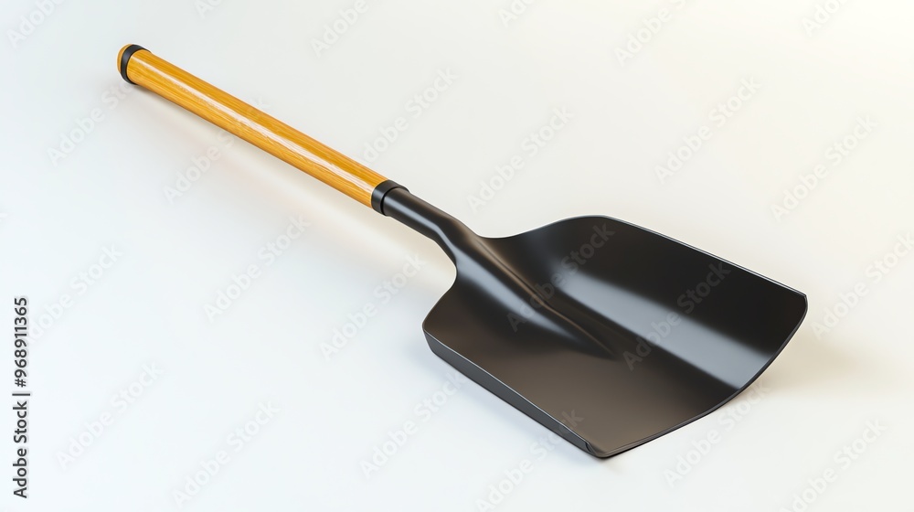 A black shovel with a wooden handle isolated on a white background. A black shovel with a wooden handle isolated on a white background.