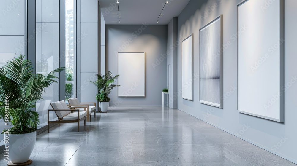 Blank posters on the wall in a bright modern office interior, showcasing natural lighting and a clean atmosphere. Blank posters on the wall in a bright modern office interior, showcasing natural lighting and a clean atmosphere.