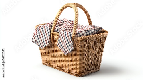 A woven wicker picnic basket with a red and blue checkered blanket inside.