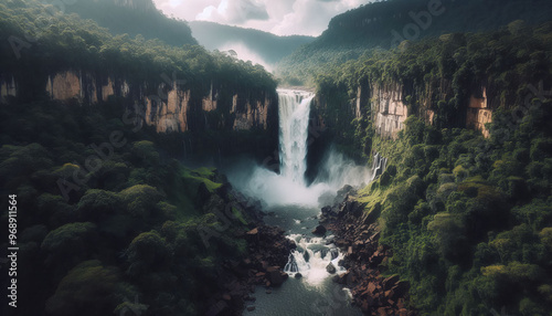 An aerial shot of a majestic waterfall cascading down rocky cliffs, surrounded by lush green jungle, with water splashing into the pool below and mist rising into the air.