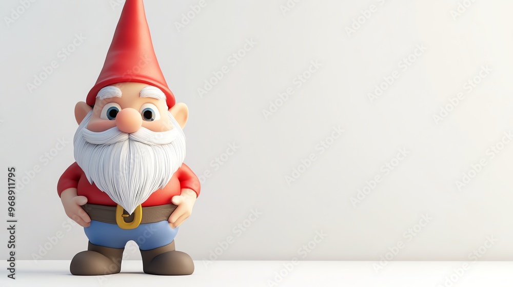 A cartoon garden gnome with a red hat and white beard stands in front of a white background. A cartoon garden gnome with a red hat and white beard stands in front of a white background.
