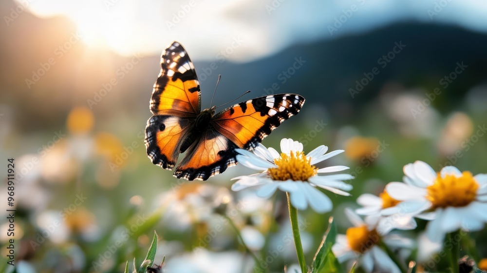 Obraz premium A vibrant butterfly with striking orange and black patterns comfortably rests on a white flower, set against a bright, sunny meadow, capturing the essence of nature's beauty.
