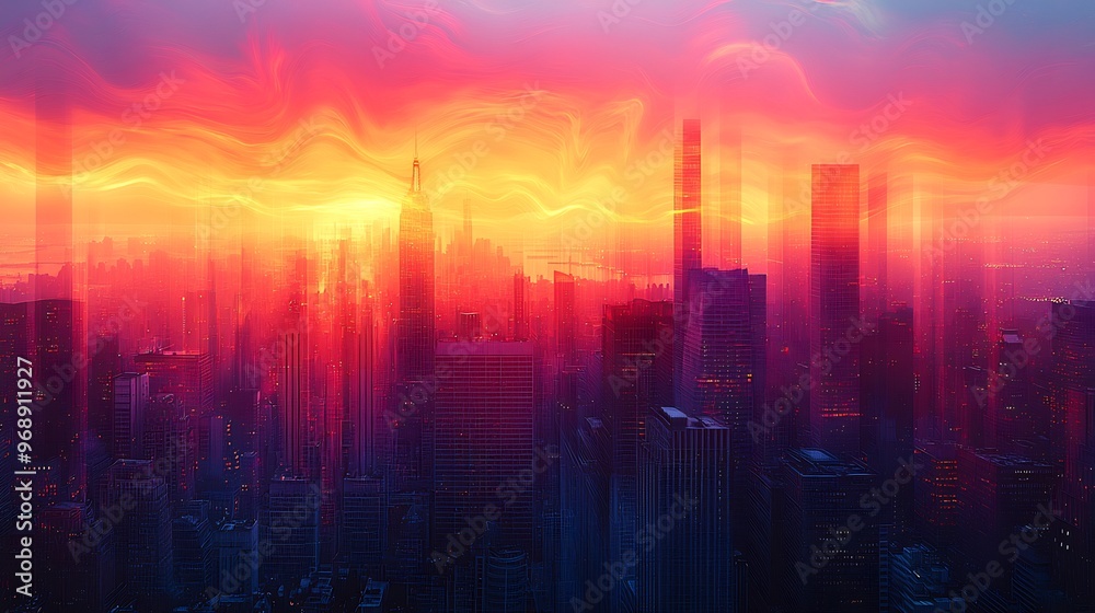 Semiabstract cityscape at sunset where skyscrapers melt into flowing lines of orange red and purple representing the fluidity of urban life Semiabstract cityscape at sunset where skyscrapers melt into flowing lines of orange red and purple representing the fluidity of urban life