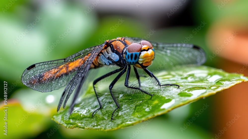 Impressive close-up of a vibrant dragonfly, capturing its detailed wings and colorful body, as it sits on a glossy ewet leaf in a verdant, natural environment. Impressive close-up of a vibrant dragonfly, capturing its detailed wings and colorful body, as it sits on a glossy ewet leaf in a verdant, natural environment.