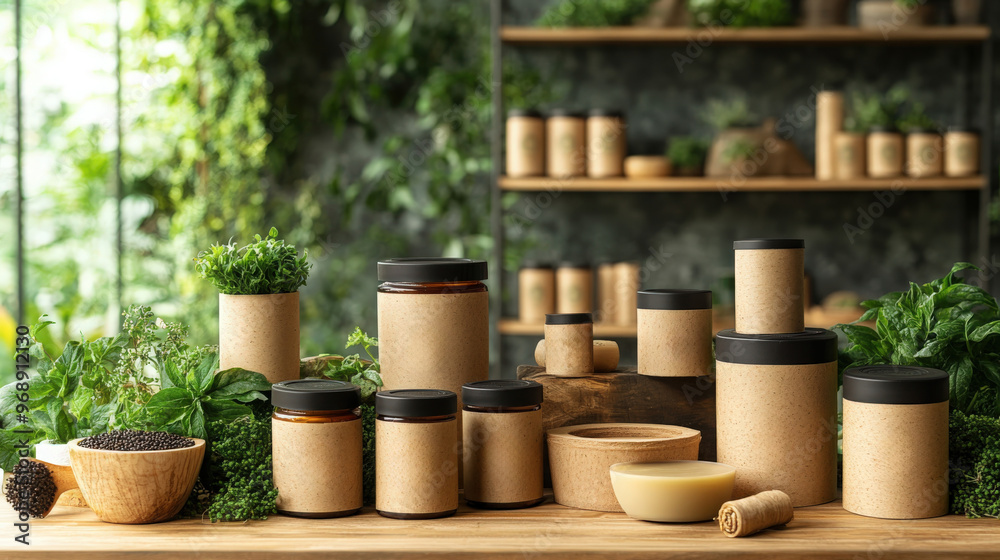 Containers made from eco-friendly materials are displayed on a table surrounded by vibrant greenery Containers made from eco-friendly materials are displayed on a table surrounded by vibrant greenery