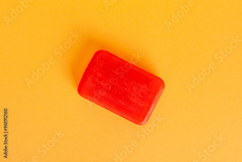 Red Soap Bar Isolated, Body Care Cosmetic, Fruit Soapy Detergent, Solid Shampoo, Glycerin Soap photo