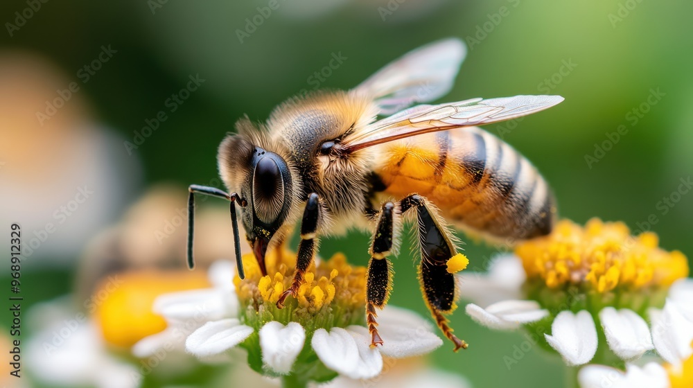 A detailed closeup of a bee collecting nectar from a flower, highlighting the intricate details of the bee and the flower, symbolizing the harmony of nature and pollination. A detailed closeup of a bee collecting nectar from a flower, highlighting the intricate details of the bee and the flower, symbolizing the harmony of nature and pollination.