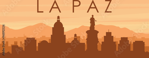 Brown panoramic poster of the city skyline with misty background buildings, sunrise, clouds and mountains of LA PAZ, BOLIVIA