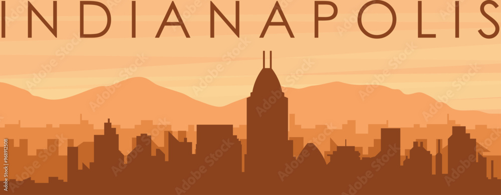 Brown panoramic poster of the city skyline with misty background buildings, sunrise, clouds and mountains of INDIANAPOLIS, UNITED STATES Brown panoramic poster of the city skyline with misty background buildings, sunrise, clouds and mountains of INDIANAPOLIS, UNITED STATES