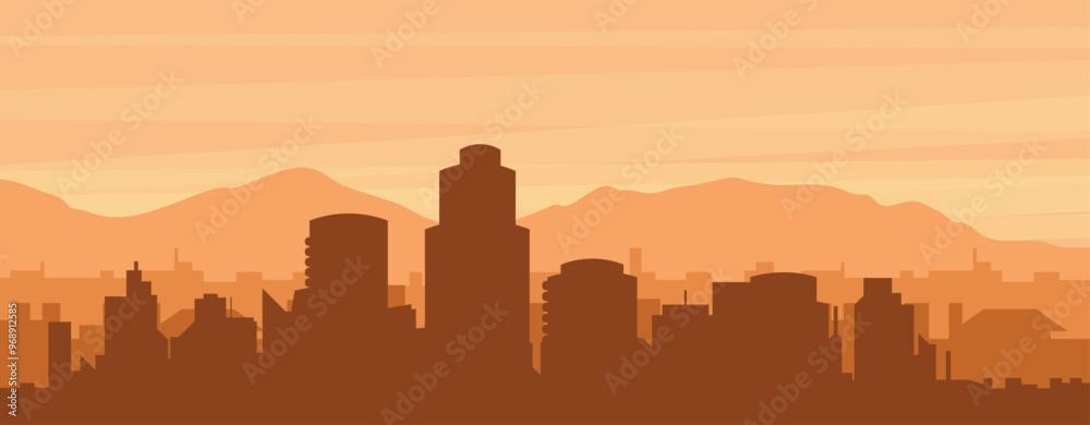 Brown panoramic poster of the city skyline with misty background buildings, sunrise, clouds and mountains of HOUSTON, UNITED STATES Brown panoramic poster of the city skyline with misty background buildings, sunrise, clouds and mountains of HOUSTON, UNITED STATES