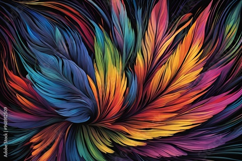 Wallpaper Mural An abstract design radiating with vibrant rainbow colors resembling a burst of feather-like textures against a dark background Torontodigital.ca