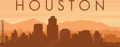 Brown panoramic poster of the city skyline with misty background buildings, sunrise, clouds and mountains of HOUSTON, UNITED STATES