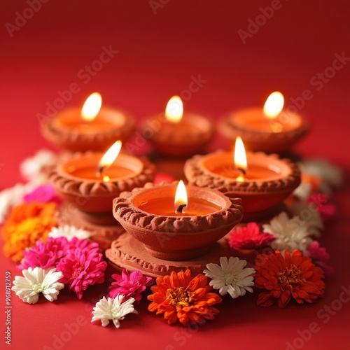 Diwali Diya Lamps with Flowers on Red Background