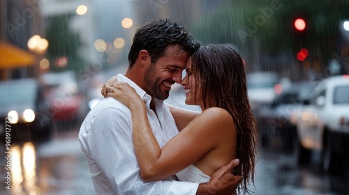 Romantic couple confidently embracing while getting drenched under the rain in a city, capturing a passionate moment with blurred cars and buildings in the background.