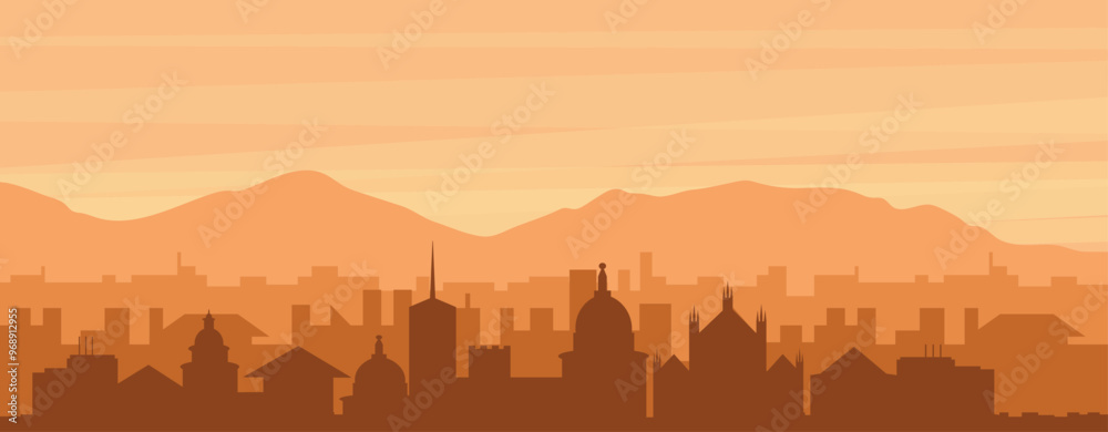Naklejka premium Brown panoramic poster of the city skyline with misty background buildings, sunrise, clouds and mountains of FLORENCE, ITALY