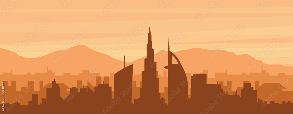 Brown panoramic poster of the city skyline with misty background buildings, sunrise, clouds and mountains of DUBAI, UNITED ARAB EMIRATES Brown panoramic poster of the city skyline with misty background buildings, sunrise, clouds and mountains of DUBAI, UNITED ARAB EMIRATES