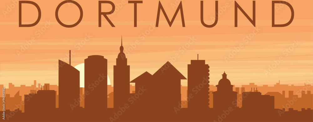 Brown panoramic poster of the city skyline with misty background buildings, sunrise, clouds and mountains of DORTMUND, GERMANY Brown panoramic poster of the city skyline with misty background buildings, sunrise, clouds and mountains of DORTMUND, GERMANY