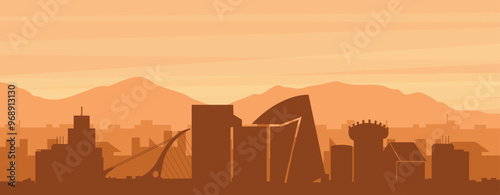 Canvas Print Brown panoramic poster of the city skyline with misty background buildings, sunr