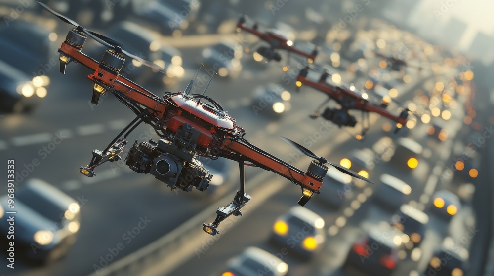 Autonomous AI-controlled city drones monitoring traffic flow in real-time: Drones flying above roads to analyze traffic patterns and help manage congestion. Autonomous AI-controlled city drones monitoring traffic flow in real-time: Drones flying above roads to analyze traffic patterns and help manage congestion.