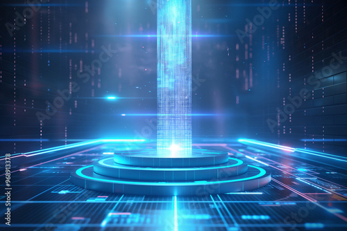 A holographic podium with futuristic tech elements, set against a digital background