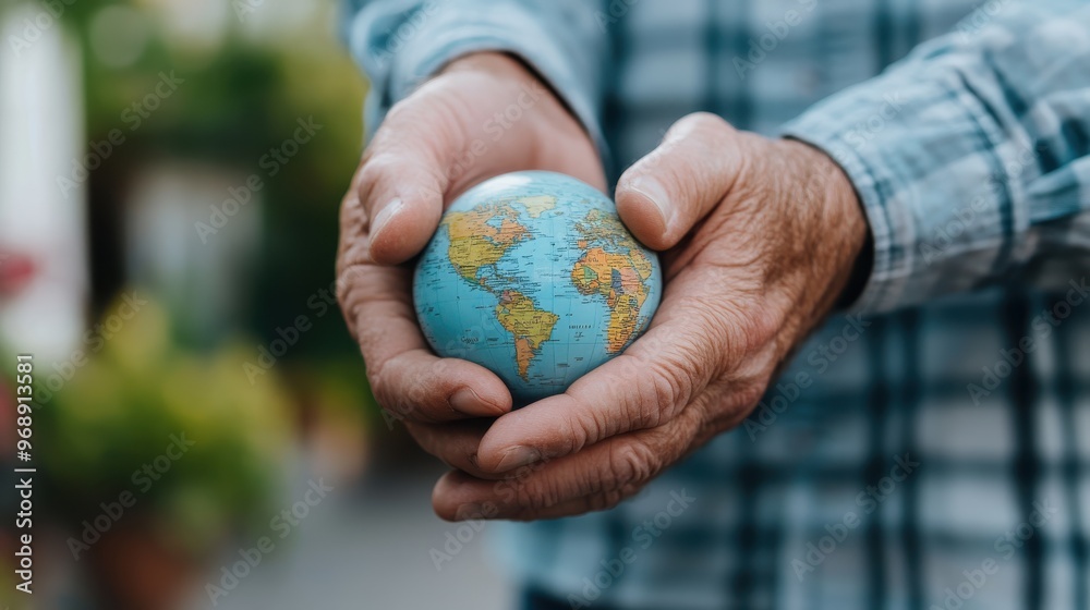 Pair of elderly hands tenderly holding a small globe, symbolizing a lifetime of travel, wisdom, and the care for the world in a meaningful and reflective manner. Pair of elderly hands tenderly holding a small globe, symbolizing a lifetime of travel, wisdom, and the care for the world in a meaningful and reflective manner.