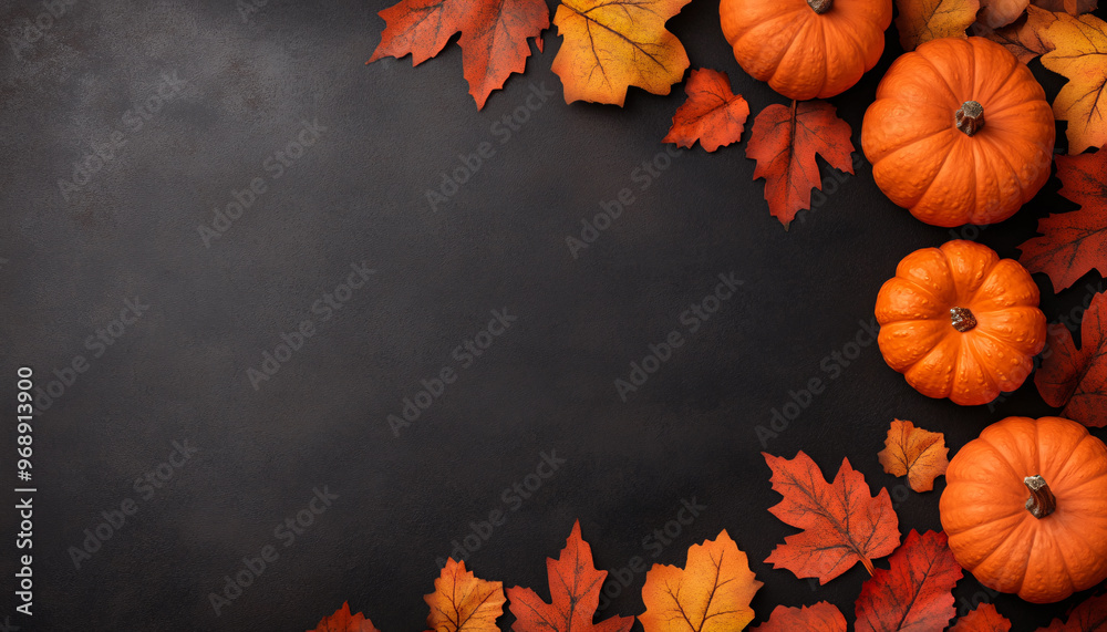A vibrant autumn scene with pumpkins and colorful leaves on a dark background, perfect for seasonal themes and decorations. A vibrant autumn scene with pumpkins and colorful leaves on a dark background, perfect for seasonal themes and decorations.
