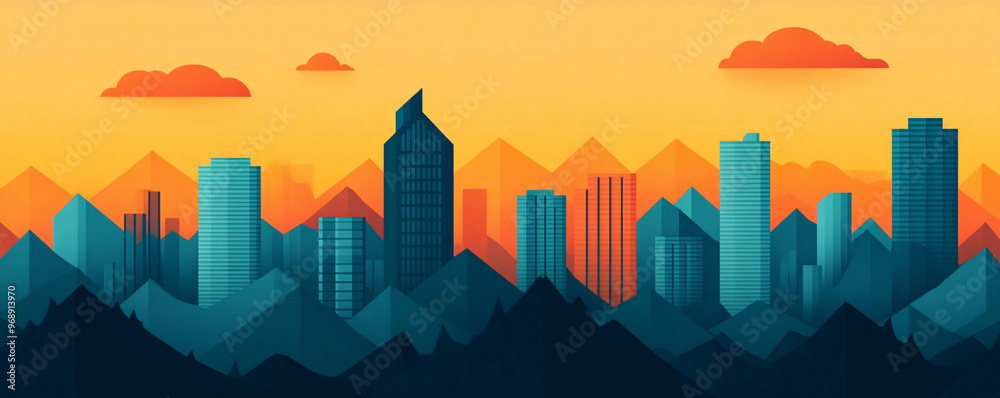 A vibrant city skyline at sunset, featuring high-rise buildings silhouetted against a colorful sky with mountains in the background. A vibrant city skyline at sunset, featuring high-rise buildings silhouetted against a colorful sky with mountains in the background.