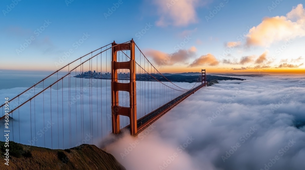 Fototapeta premium The iconic Golden Gate Bridge stands tall above the dense fog during a stunning sunset, with the cityscape of San Francisco subtly visible in the distance, a blend of natural and urban beauty.