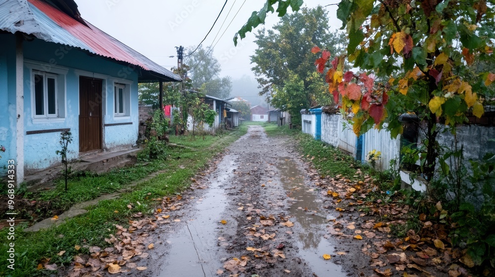 A muddy village road under overcast skies, surrounded by colorful autumn leaves and traditional houses, creating a peaceful and rustic rural scene. A muddy village road under overcast skies, surrounded by colorful autumn leaves and traditional houses, creating a peaceful and rustic rural scene.