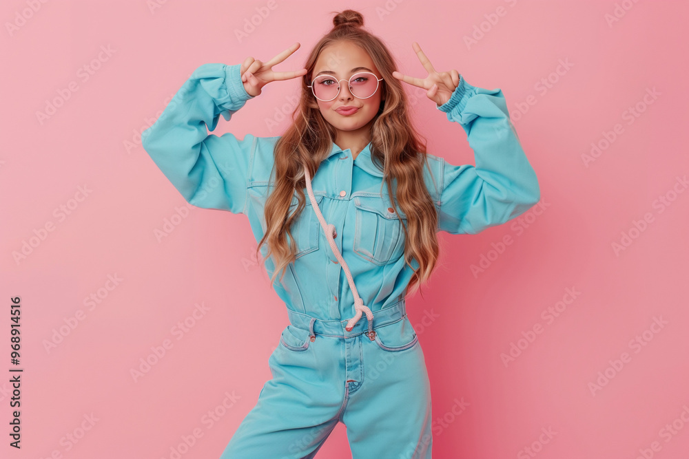 Photo portrait of pretty young girl show v-sign wear trendy blue outfit isolated on pink color background Photo portrait of pretty young girl show v-sign wear trendy blue outfit isolated on pink color background