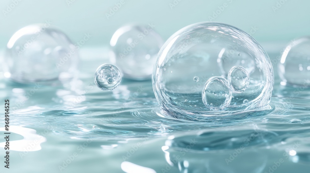 liquid bubbles floating in water, representing the purity of skincare ingredients in a luxurious setting. liquid bubbles floating in water, representing the purity of skincare ingredients in a luxurious setting.