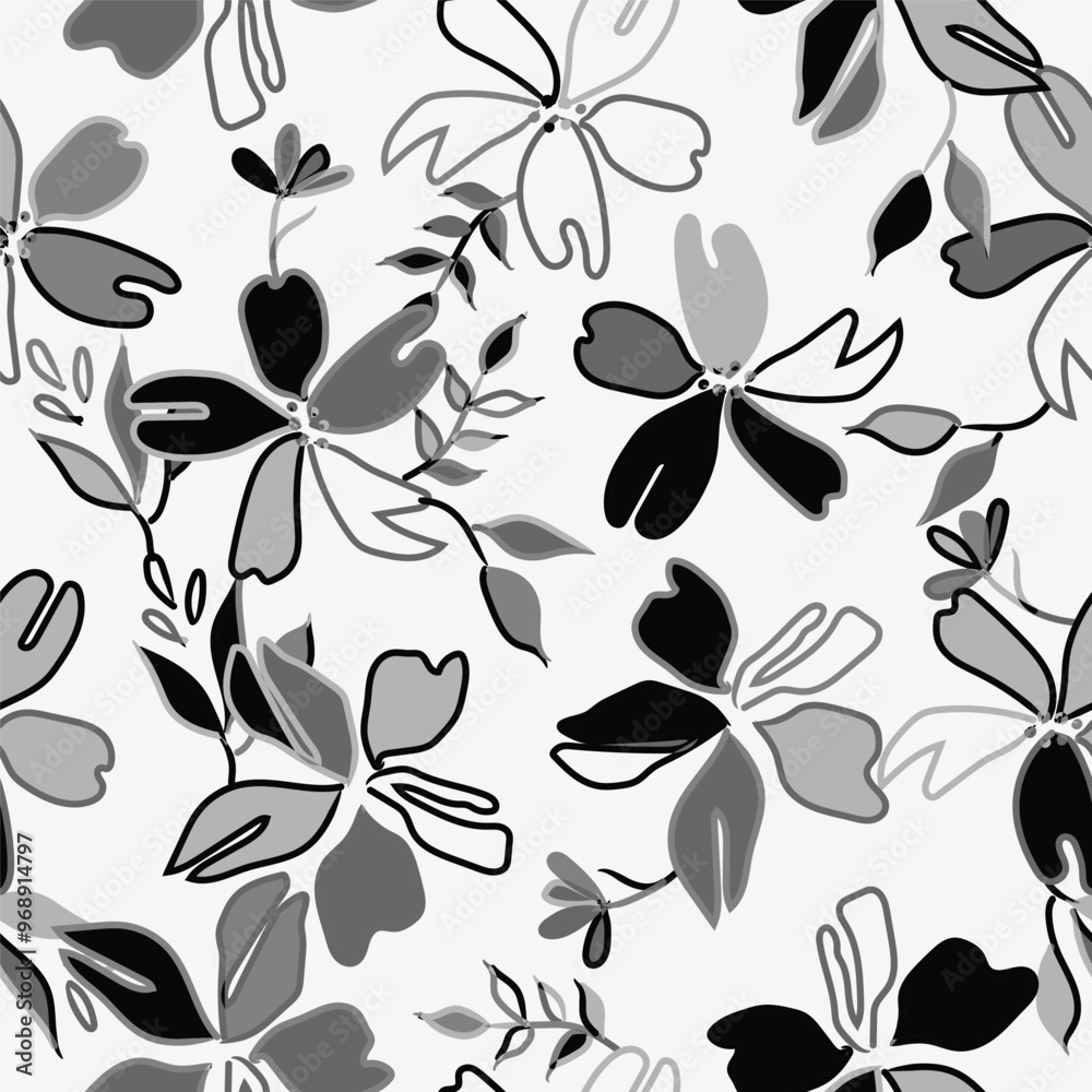 Black and white floral seamless pattern. Vector graphic illustration for fashion t shirt, textile design, all over printing. Black and white floral seamless pattern. Vector graphic illustration for fashion t shirt, textile design, all over printing.