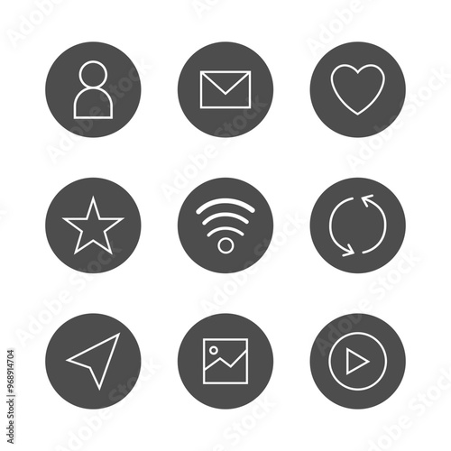 Stylish icons for user interface design, showcasing essential features like user, notifications, and settings.
