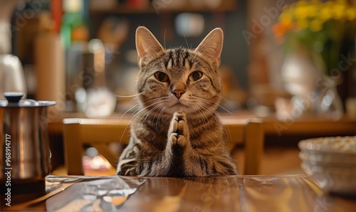 The cat is sitting at the dining table in pajamas and praying with his hands together like a human