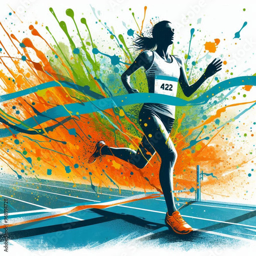 Runner crossing the finish line with colorful energetic splashes

