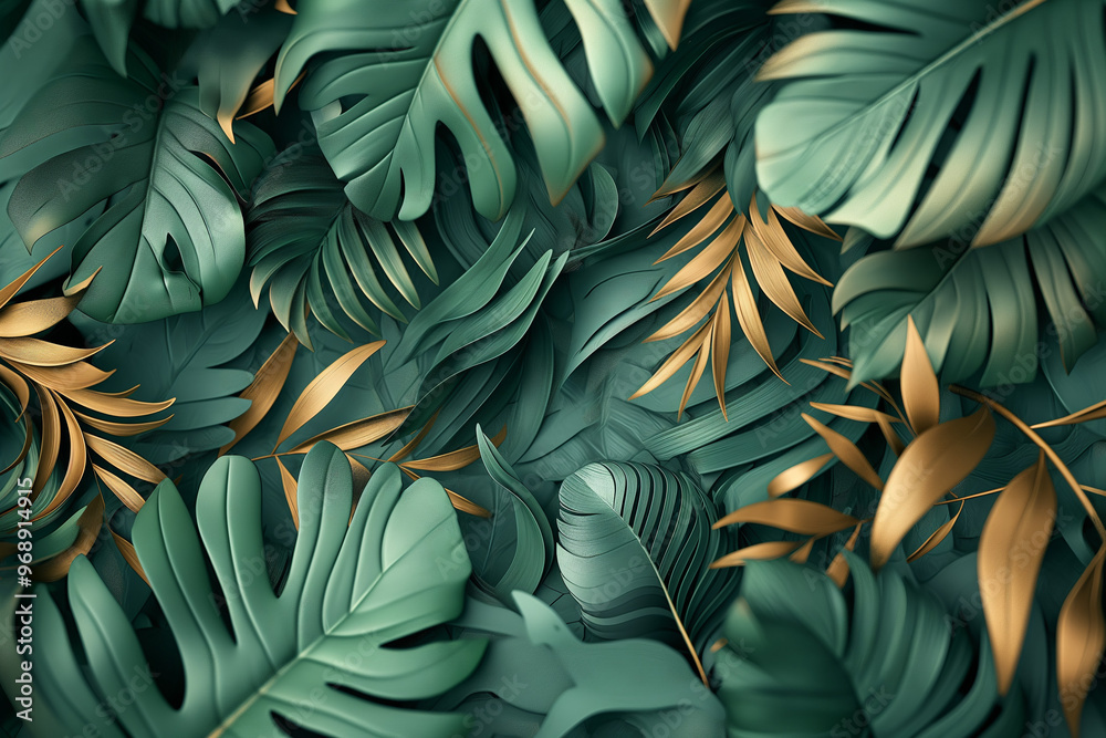 An artistic and luxurious 3D illustration of a leaf pattern background, featuring green foliage and abstract palm designs An artistic and luxurious 3D illustration of a leaf pattern background, featuring green foliage and abstract palm designs
