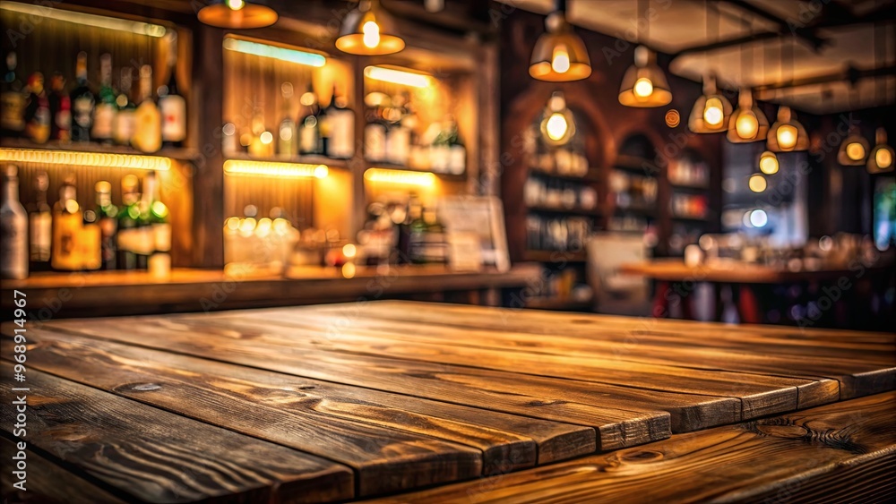 Retro wooden desk space with blurred bar background Retro wooden desk space with blurred bar background