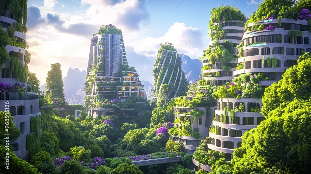 Obraz premium Futuristic cityscape with tall green buildings and lush vegetation, highlighting the blend of nature and modern architecture in sustainable design.