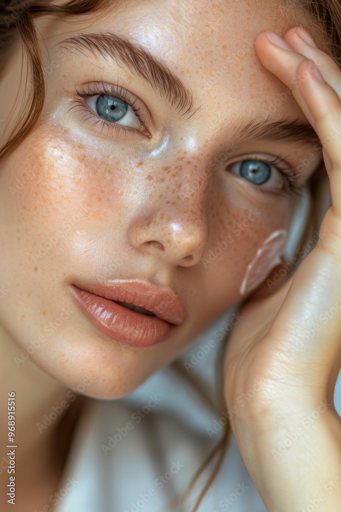 Graceful woman dabbing face cream, natural background, gentle care, harmonious scene. Graceful woman dabbing face cream, natural background, gentle care, harmonious scene.