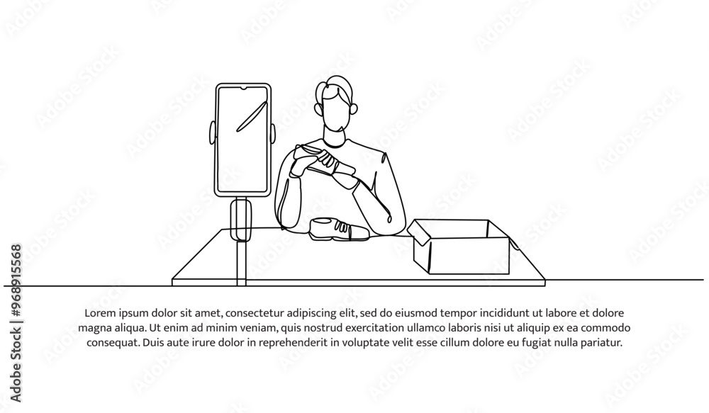 Continuous line design of a man is review a shoe product. Single line decorative element drawn on white background. Continuous line design of a man is review a shoe product. Single line decorative element drawn on white background.