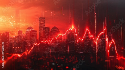 Real estate and property crisis. Dynamic city skyline with financial data visualization in red, representing market trends and economic fluctuations.