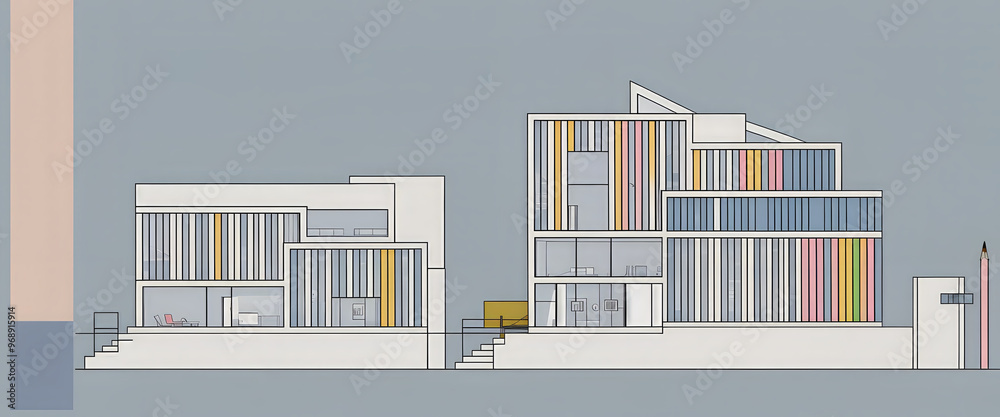 Illustrative frontal view of a new, modern and clearly architecturally planned house with insight into the room layouts, new modern architecture, architectural drawing Illustrative frontal view of a new, modern and clearly architecturally planned house with insight into the room layouts, new modern architecture, architectural drawing