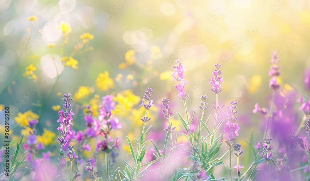 Beautiful spring background with yellow and purple flowers Beautiful spring background with yellow and purple flowers