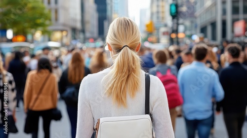 A woman with blonde hair in a ponytail stands with a backpack in a bustling city street, surrounded by a crowd of people during a busy day, highlighting urban life.