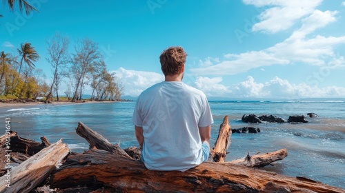 A man in a white shirt sits alone on weathered driftwood, facing a tranquil ocean view under a bright blue sky. Reflective moment captured on a serene shore.